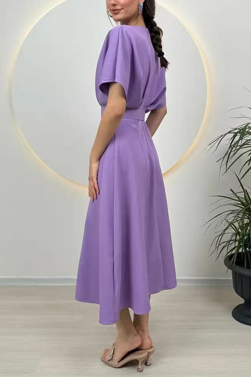 Crewneck Short Sleeves Belted Slit Midi Dress