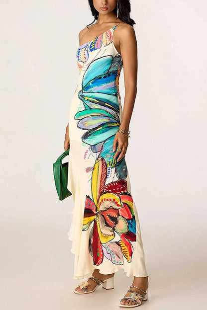 One Shoulder Sleeveless Floral Print Ruffle Slit Maxi Dress