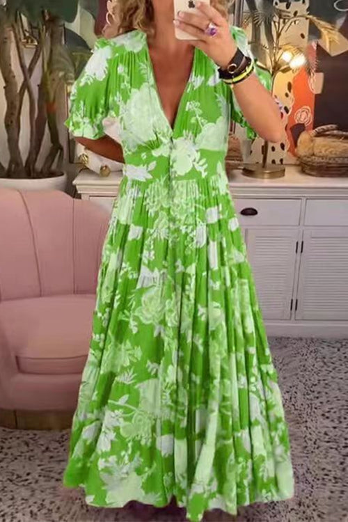 V Neck Button Up Floral Print Flowy Maxi Dress Green