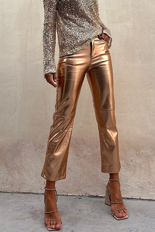 Metallic Faux Leather Straight Leg Cropped Pants Gold