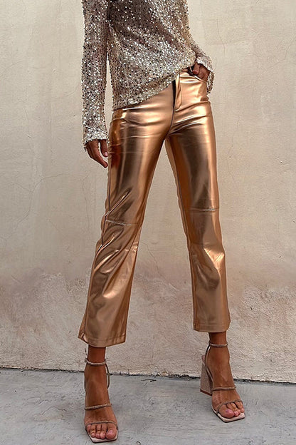 Metallic Faux Leather Straight Leg Cropped Pants Gold