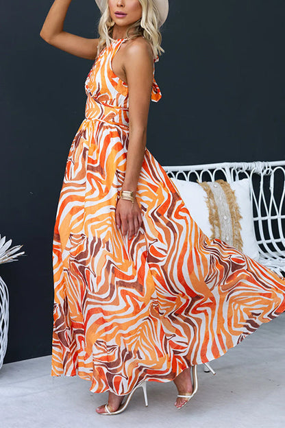 Halter Back Cut Out High Waist Printed Maxi Swing Dress