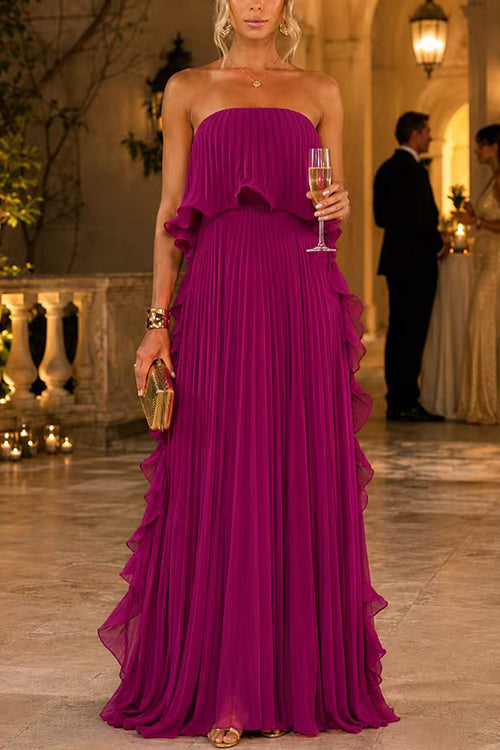 Elegant Strapless Tube Ruffle Pleated Maxi Dress