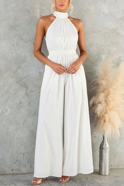 Halter Neck High Waist Pocketed Wide Leg Jumpsuit