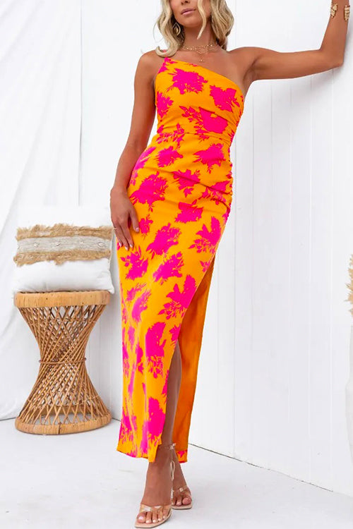 Rosiedress One Shoulder Side Split Printed Cami Maxi Dress Orange