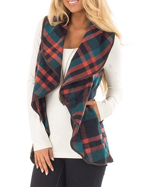 Pockets Plaid Jacket Vest Green