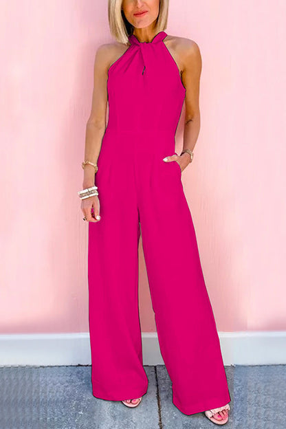 7 Colors Sleeveless Halter Waisted Wide Leg Jumpsuit Fuchsia