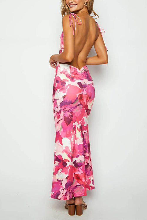 Rosiedress Tie Shoulder Backless Printed Maxi Cami Dress