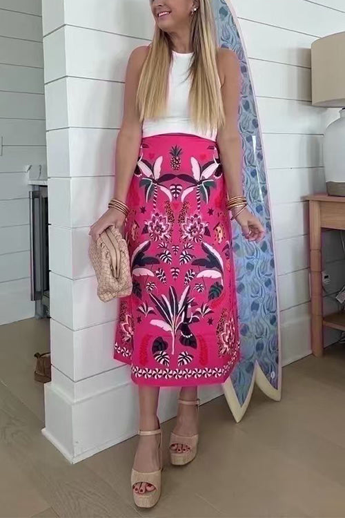 High Rise Tropic Print Midi Skirt