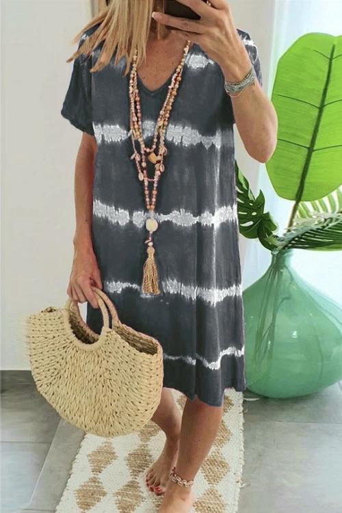 V Neck Short Sleeve Tie Dye Stripes T-shirt Dress DarkGray