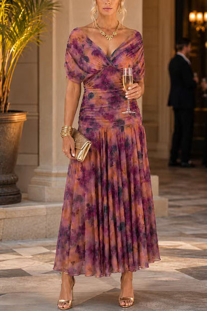 V Neck Ruched Floral Print Maxi Dress