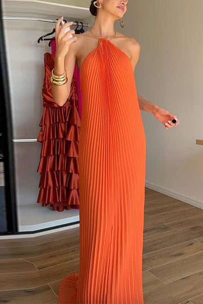 Halter Open Back Pleated Maxi Dress