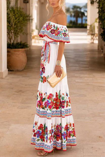Off Shoulder Floral Print Ruffle Maxi Dress