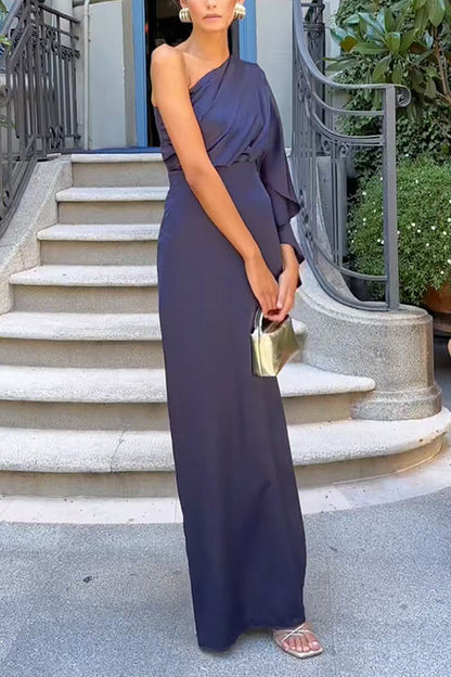 One Shoulder Long Sleeve Side Slit Satin Maxi Dress