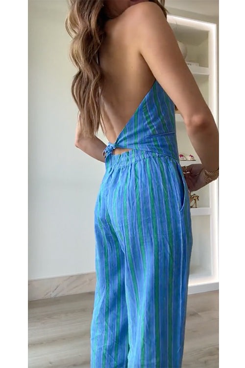 Striped Button Down Tie Knot Backless Top and Wide Leg Pants Set