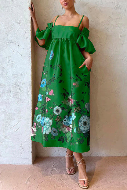 Rosiedress Cold Shoulder Ruffle Sleeves Bow Knot Back Floral Maxi Dress Green