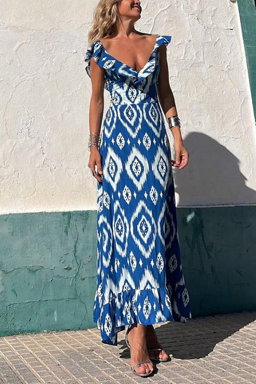 V Neck Waisted Boho Print Ruffle Maxi Dress