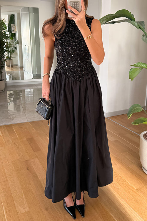 Crewneck Sleeveless Glitter Sequin Splice Maxi Dress