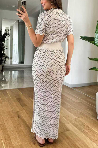 Crewneck Short Sleeves Zigzag Patterned Top