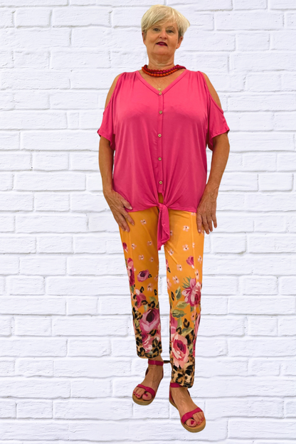 Demetria Cold Shoulder Button Down Tie Top - Plain Pink and Plain Light Blue