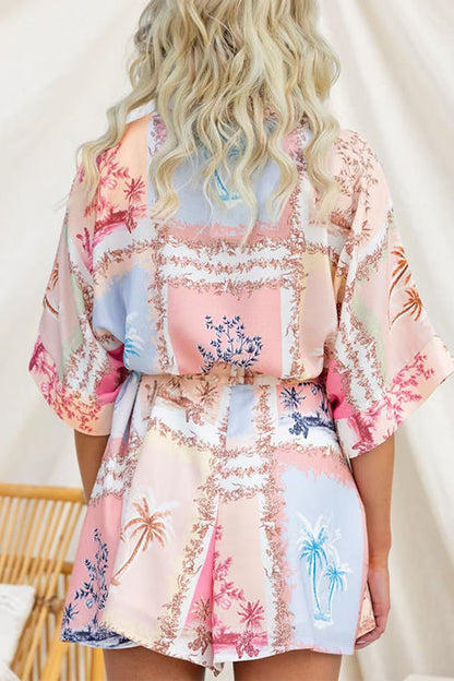 Half Sleeves Button Up Bow Waist Printed Romper