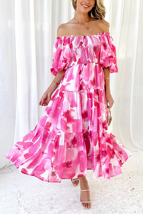 Rosiedress Off Shoulder Puff Sleeves Ruffle Tiered Printed Midi Dress