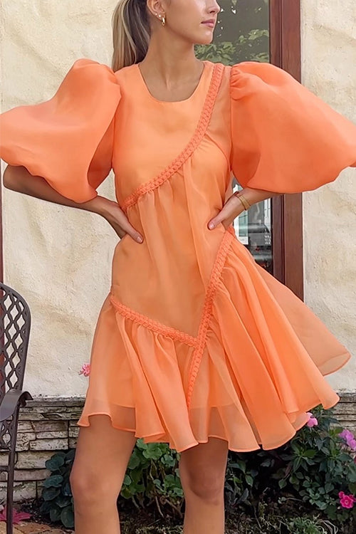 Stylish Puff Sleeves Ruffle Flowy Mini Dress Orange