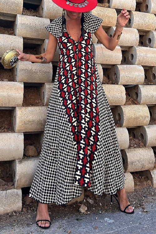 V Neck Color Block Plaid Swing Maxi Dress