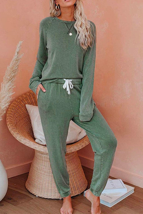 Rosiedress Long Sleeves T-shirt Drawstring Waist Joggers Loungewear Set Green