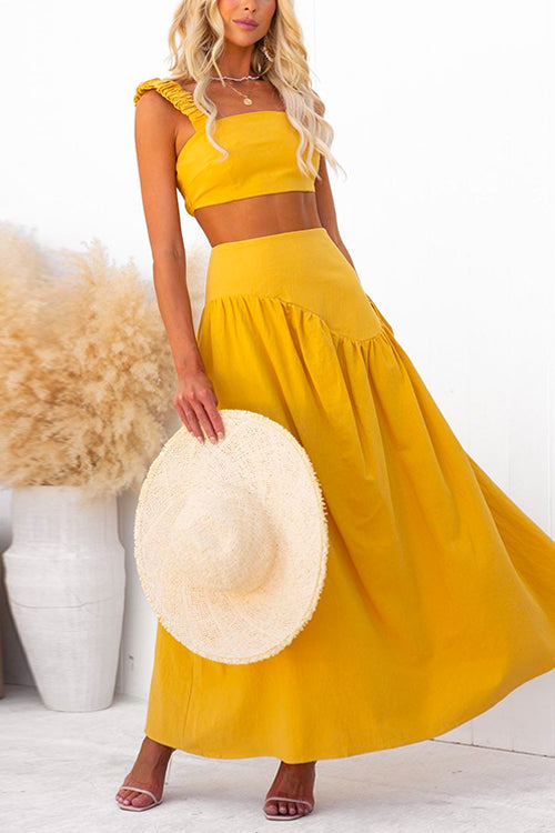 Ruched Elastic Straps Crop Top and High Waist Swing Maxi Skirt Set Yellow