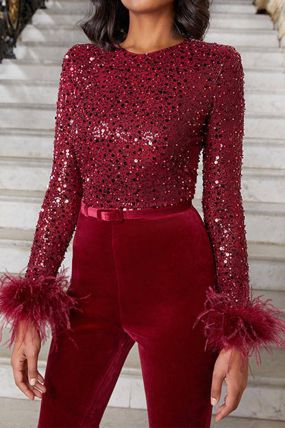 Rosiedress Feather-Paneled Long Sleeves Bell Bottoms Sequin Jumpsuit