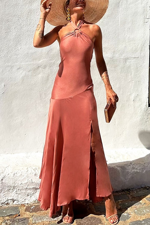 Chic Sleeveless Halter Slit Maxi Swing Dress Rust