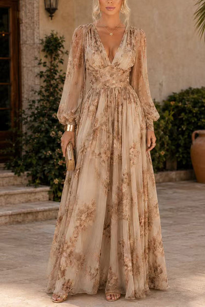 Puff Long Sleeves Waisted Floral Print Maxi Dress