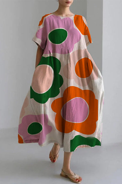 Printed Short Sleeves Pocketed A-line Midi Dress Floral
