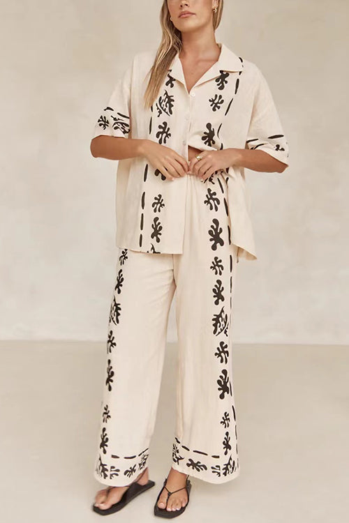 Rosiedress Cotton Linen Short Sleeves Button Down Shirt Elastic Waist Wide Leg Pants Printed Set