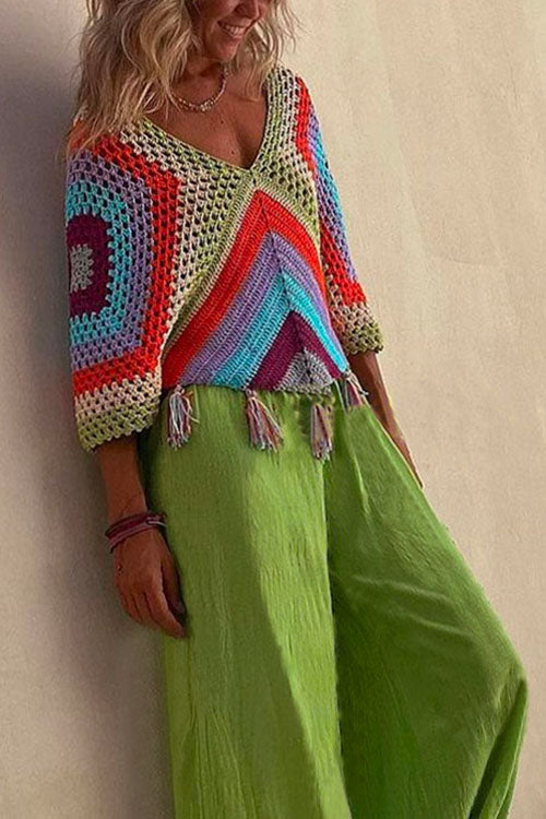 Rosiedress V Neck Rainbow Color Block Tassel Hollow Out Crochet Top Rainbow