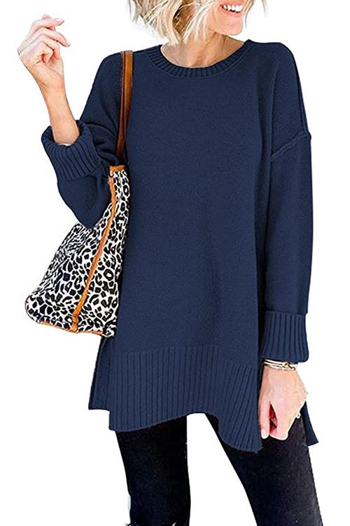 Rosiedress Drop Shoulder Side Split Loose Sweater DarkBlue