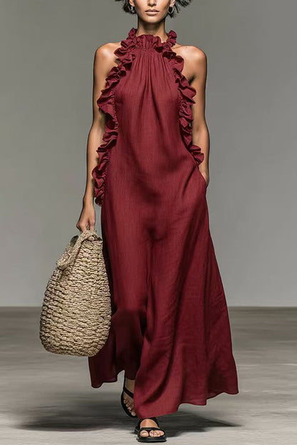 Sleeveless Linen Blend Ruffle Pocketed Maxi Dress
