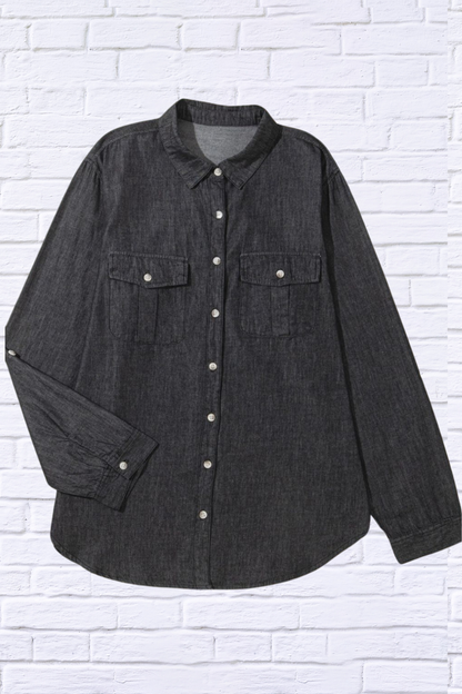Pocketed Collared Neck Long Sleeve Dandy Denim Top