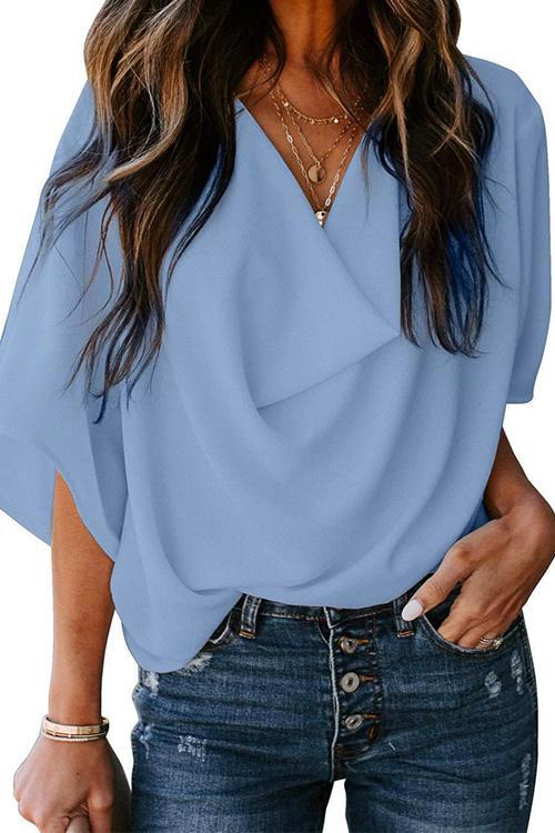 Rosiedress Cowl Neck Short Sleeve Drape Chiffon Shirt LightBlue