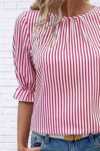 Striped Round Neck Half Sleeve Casual Blouse