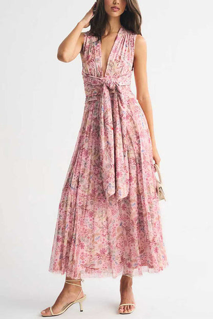 Halter V Neck Floral Print Maxi Dress
