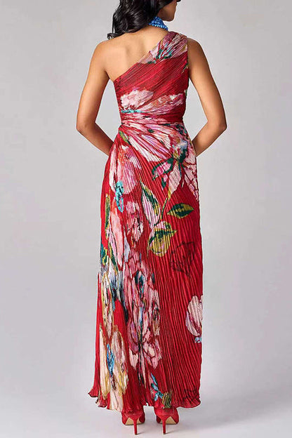 One Shoulder Sleeveless Cut Out Waist Floral Print Maxi Dress