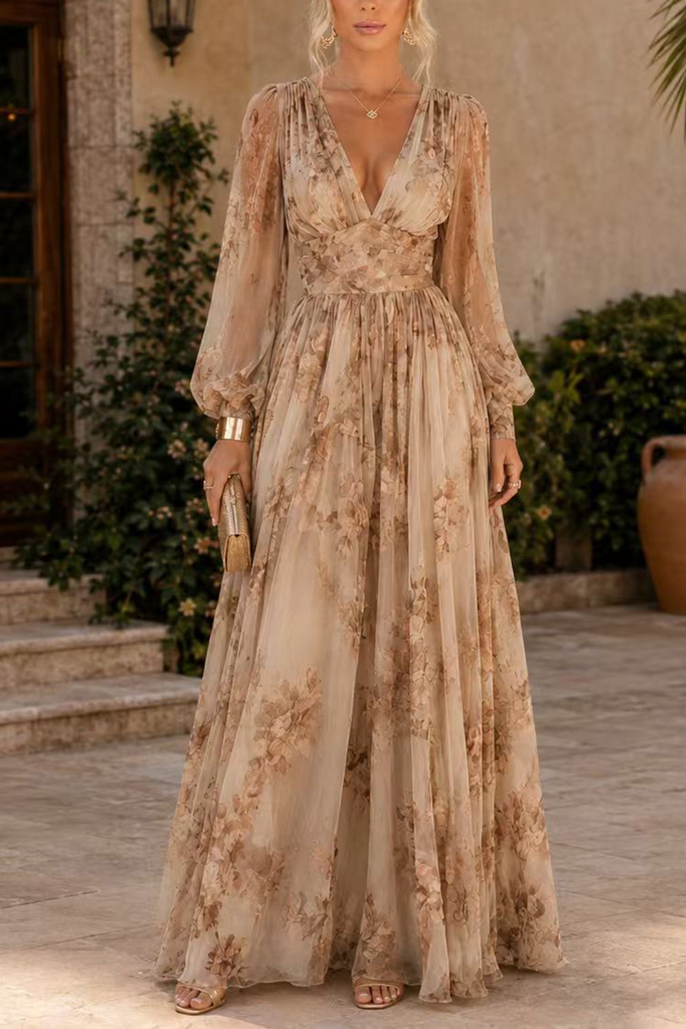 V Neck Puff Long Sleeves Floral Print Maxi Dress