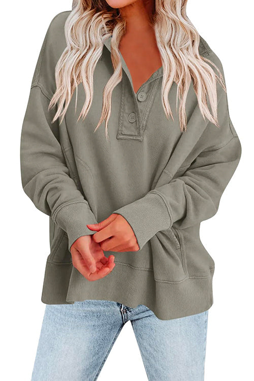 Stand Collar Button Up Pocketed Casual Sweatshirt Gray