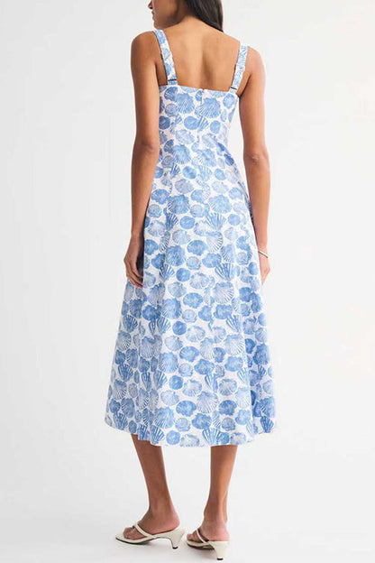 Square Neck Sleeveless Shell Print Pocketed Midi Dress