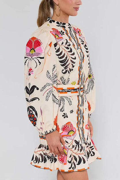 Puff Long Sleeves Button Up Floral Print Ruffle Mini Dress