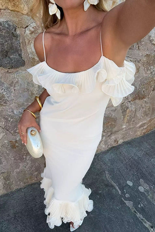 Spaghetti Strap Open Back Ruffle Trim Maxi Dress