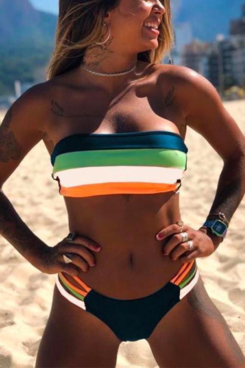 Rosiedress Rainbow Striped Tube Top Bandeau Bikini Set 6