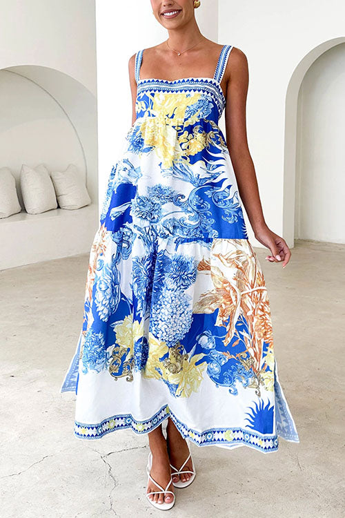 Pocketed Side Slit Printed Maxi Cami Dress